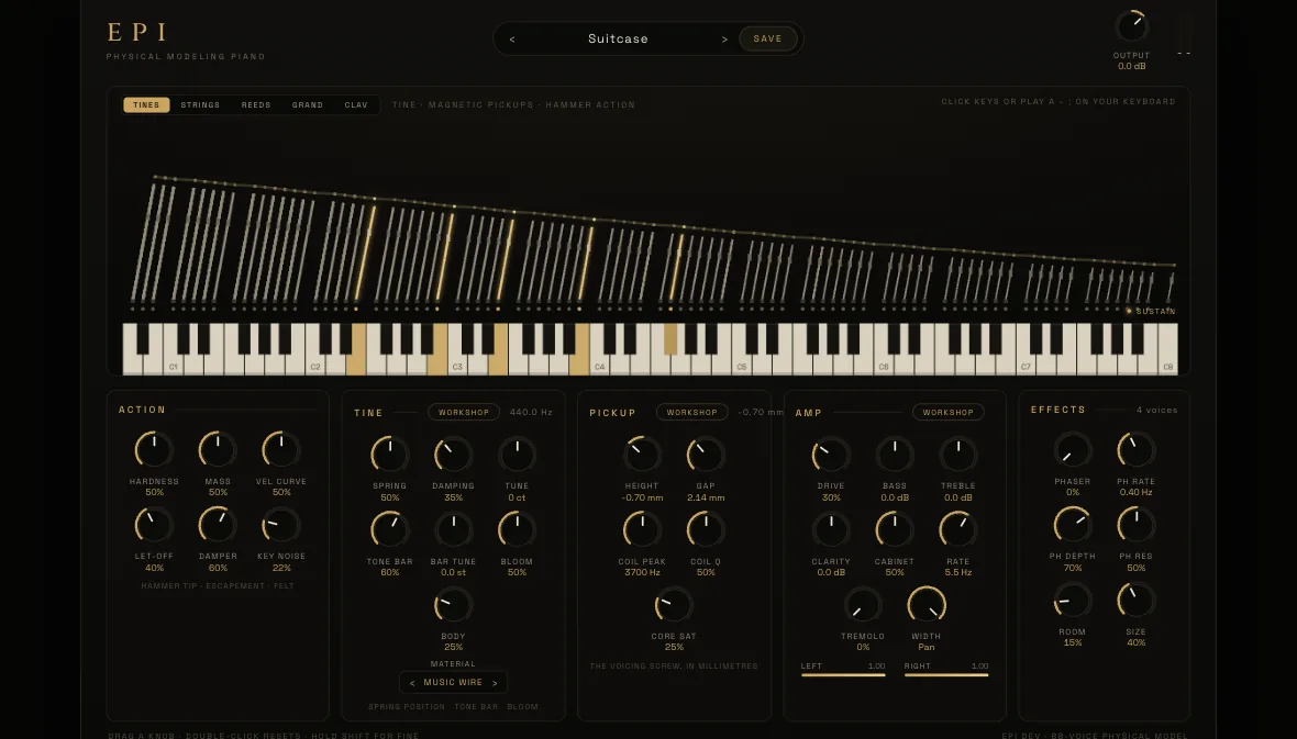 Epi playing the tine piano: the drawn keyboard, the string bank above it, and the action, tine, pickup and amp sections