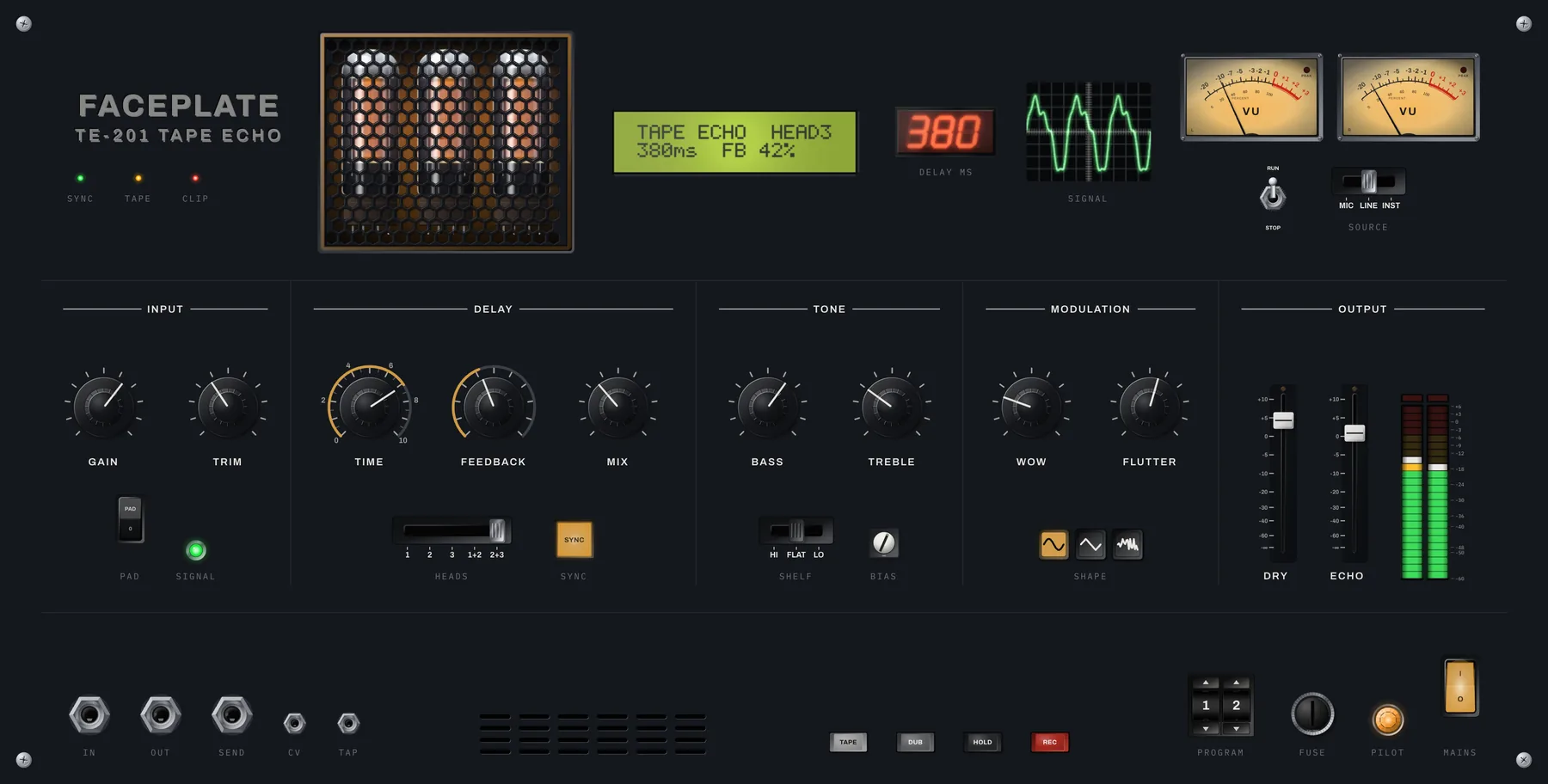 A panel built entirely from Faceplate elements: an engraved nameplate, knobs with skirt scales, a VU pair, a character display, illuminated buttons and a valve window